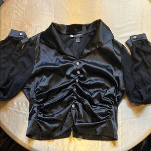 JD Boutique Black Satin Blouse with Sheer Sleeves XL